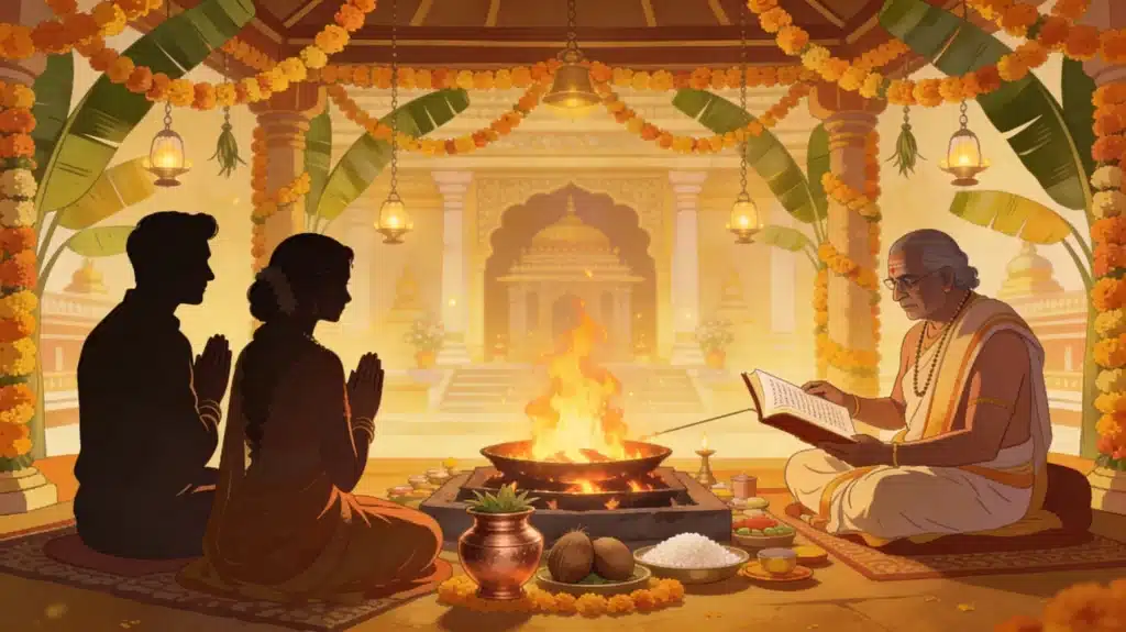 A Vivāha Pūjā in progress, the couple seated before the sacred fire with the priest conducting the rite