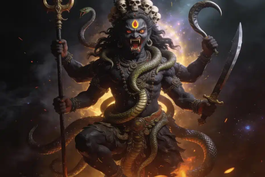 Kāla Bhairava in his dark fierce form with trident and drum, the dog at his side, before a prepared altar