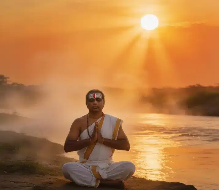 Water offered upward to the rising sun during the morning Arghya of Sandhyā Vandanam