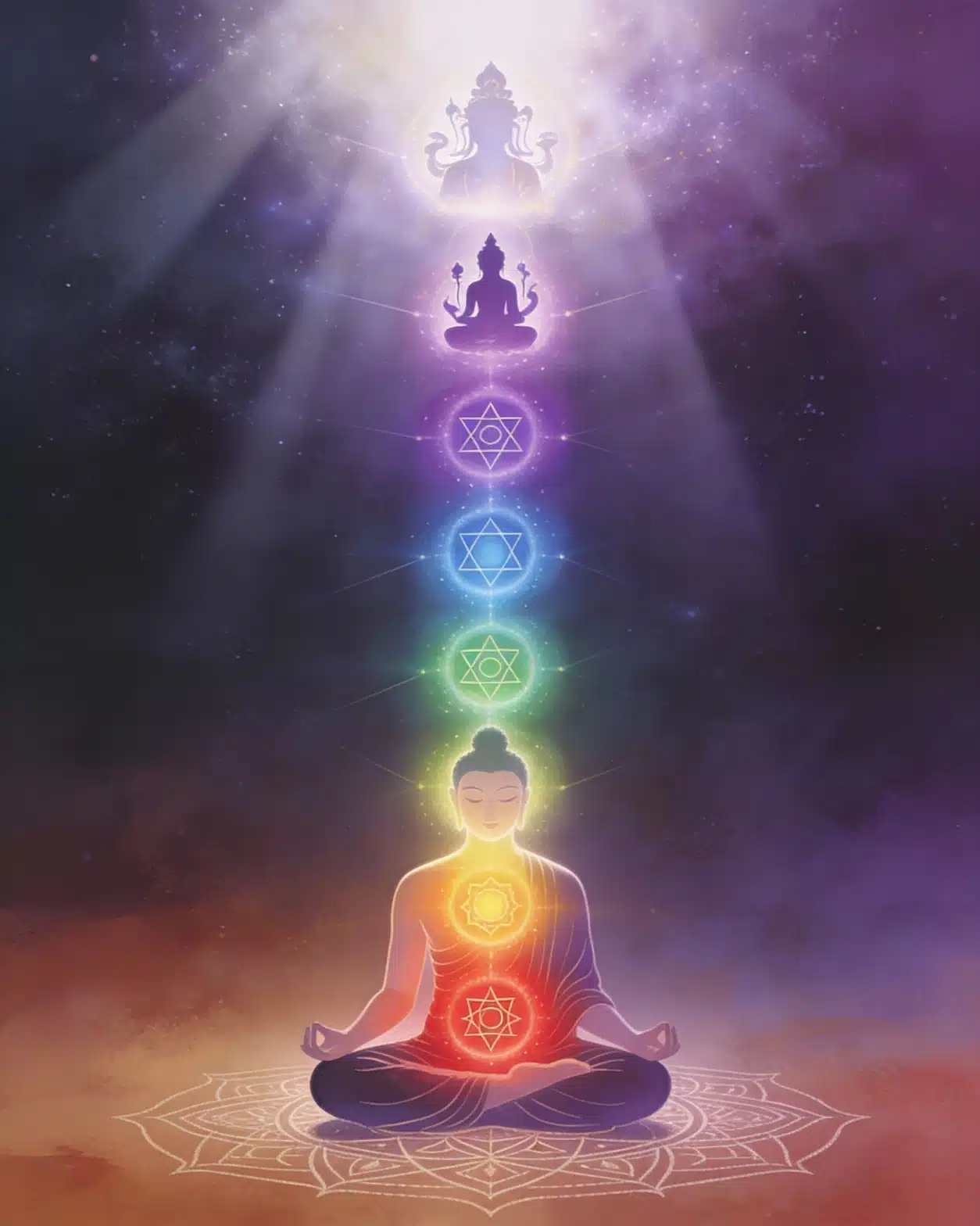 Diagram of the six chakras of the subtle body with petal counts, bija syllables and the three channels