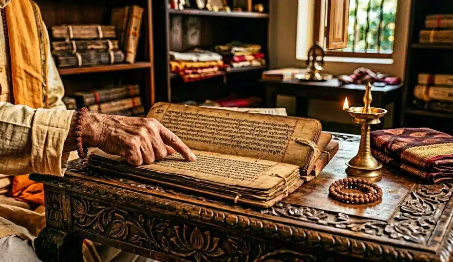 Why We follow Dharma Shastra ? Ancient palm leaf manuscripts representing the Dharma Shastra codes of conduct.