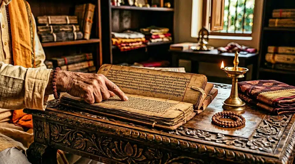 Sacred Vedic manuscript representing the Dharma Shastra, resting upon a geometrically precise Mandala illuminated by the divine light of the sacred fire