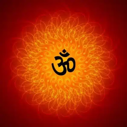 Sanatana Dharma way of life represented by a black Om symbol centered on a radiant red and orange spiritual mandala.