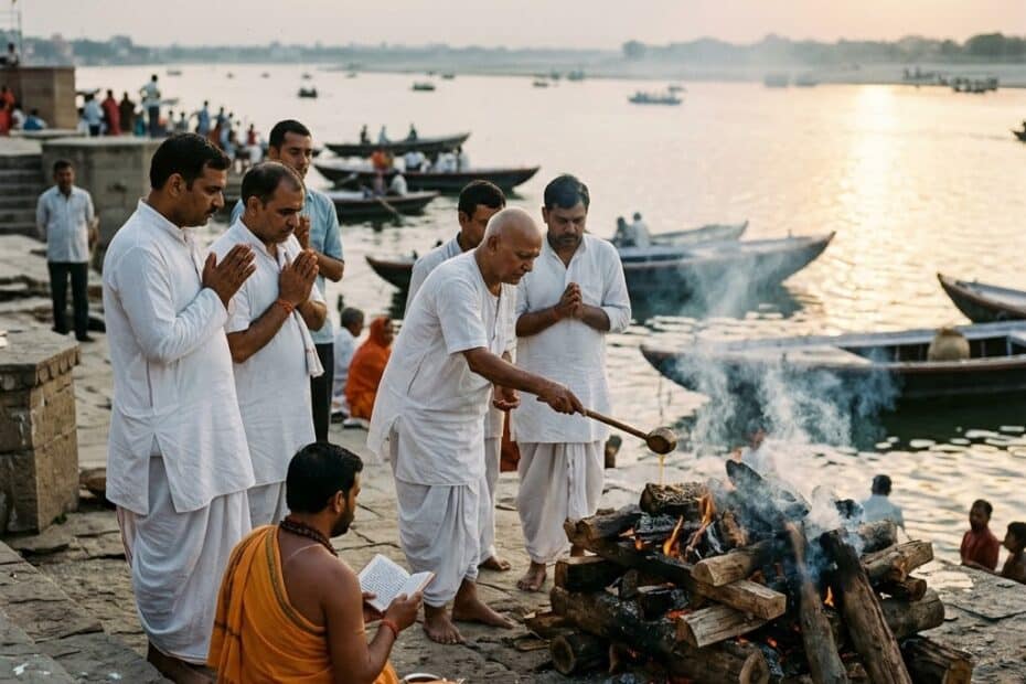 A Hindu Antyeṣṭi and Śrāddha ceremony honoring the dead on the stone steps of a ghat by a river, featuring a priest reciting prayers and family members offering ghee to a cremation pyre.