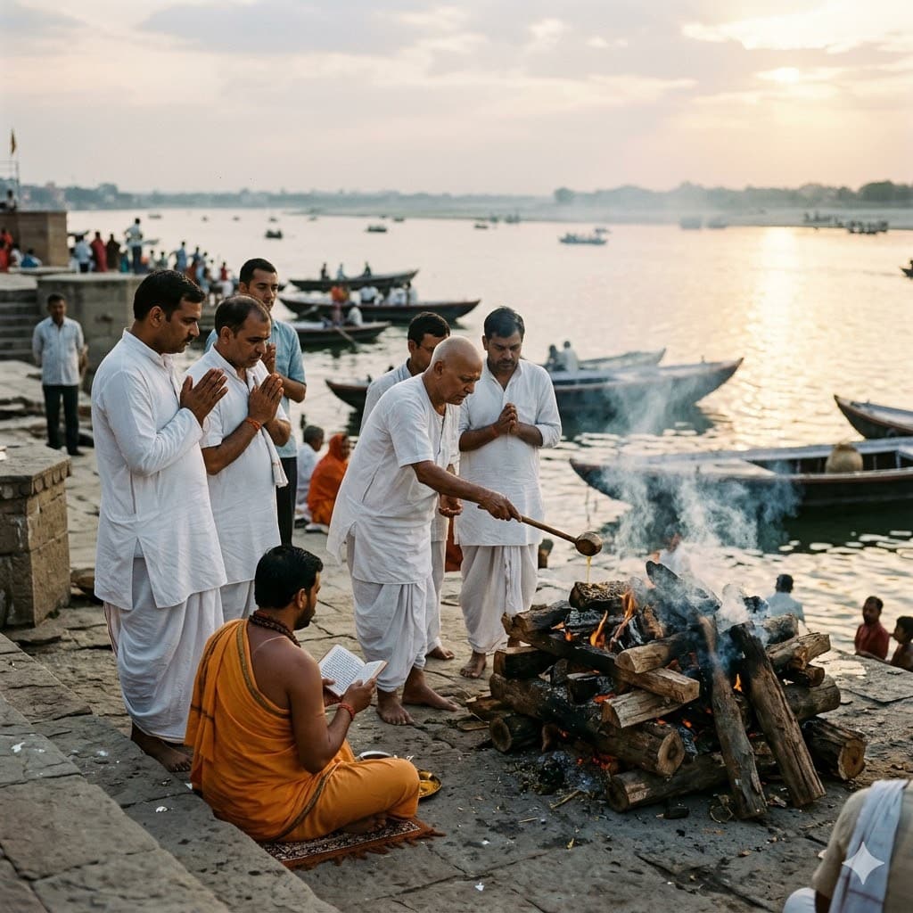 A Hindu Antyeṣṭi and Śrāddha ceremony honoring the dead on the stone steps of a ghat by a river, featuring a priest reciting prayers and family members offering ghee to a cremation pyre.