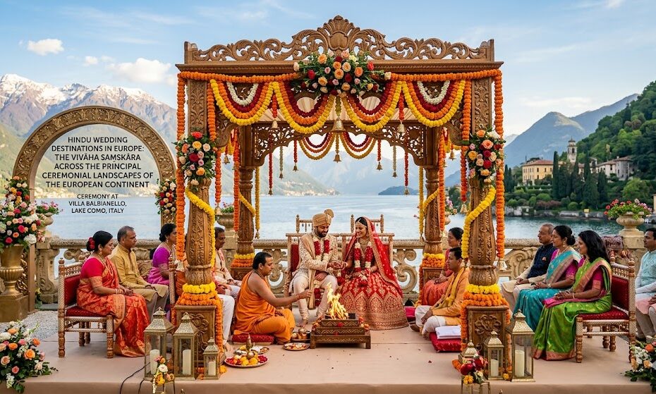 Traditional Hindu wedding ceremonies in Italy featuring a bride and groom sitting under an ornate wooden mandap decorated with marigold garlands at Villa Balbianello, overlooking Lake Como and the Alps.