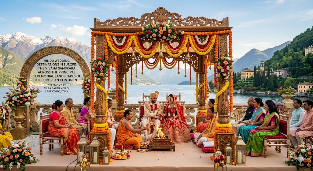 Hindu wedding ceremony in Italy, the couple beneath a marigold-decorated mandap at a Lake Como villa with the lake behind