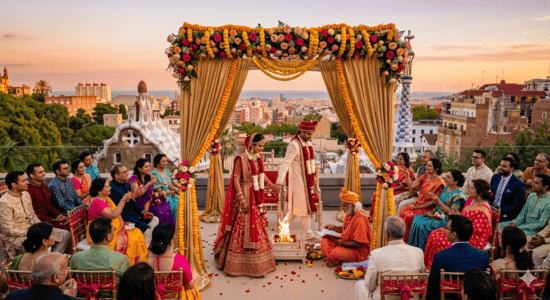 Hindu wedding Venues in Catalonia with couple holding hands under a golden, flower-adorned canopy during a traditional ceremony, with a sacred fire in the center. Guests are seated in chairs on a terrace overlooking the iconic, mosaic-tiled rooftops of Park Güell in Barcelona under a warm sunset sky.
