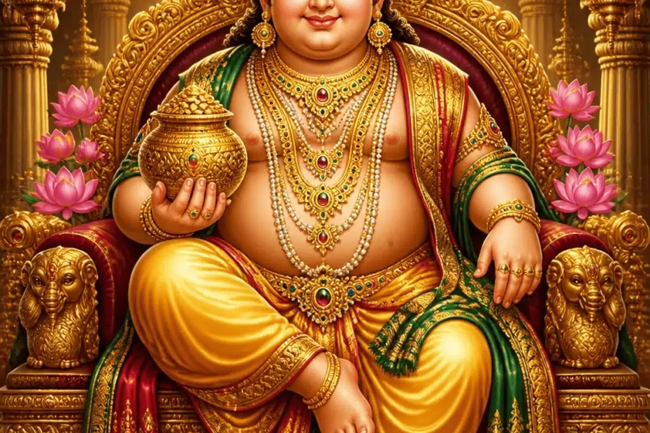 Kubera Dev in a radiant devotional portrait, seated on a jeweled throne with golden ornaments and sacred wealth symbols