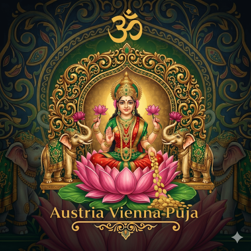 Logo for Austria Vienna Puja featuring Goddess Lakshmi seated on a pink lotus with two elephants, gold coins, and the Om symbol.