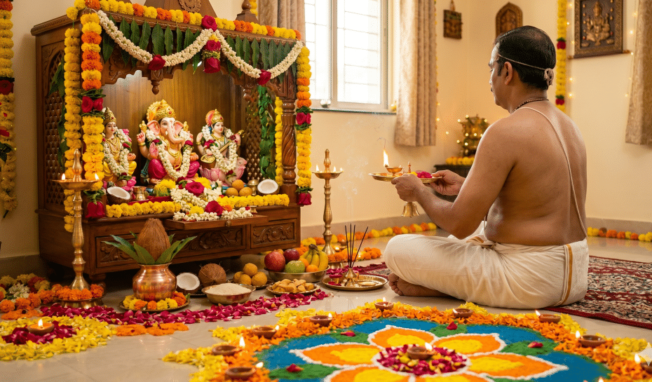 Hindu priest in Austria conducting Vedic ceremonies.