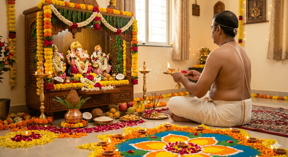 Hindu priest in Austria conducting Vedic ceremonies.