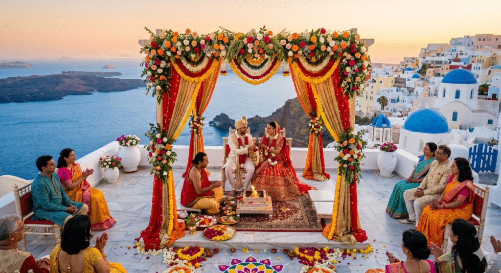 A traditional Hindu priest in Europe officiating a Vedic wedding ceremony next to the sacred fire pit under a floral mandap in Santorini, Greece.