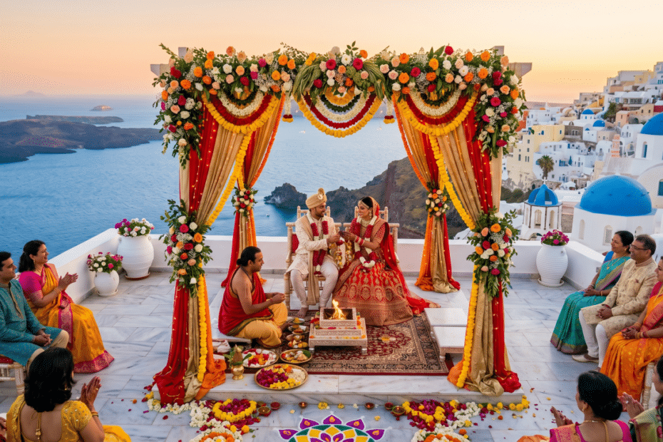 A traditional Hindu priest in Europe officiating a Vedic wedding ceremony next to the sacred fire pit under a floral mandap in Santorini, Greece.