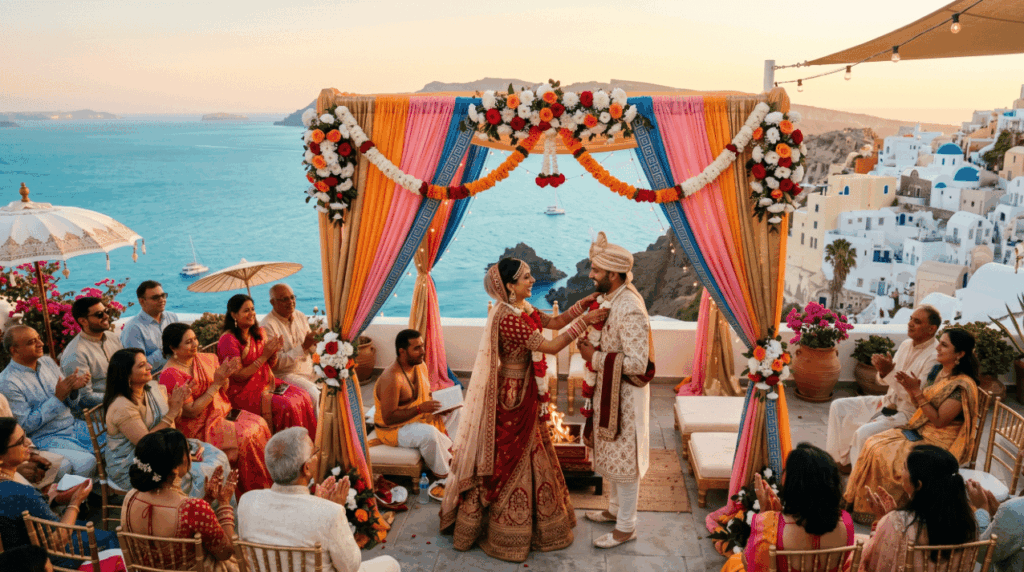 A beautiful Hindu wedding in Greece featuring a bride and groom exchanging floral garlands under a vibrant, flower-adorned mandap, with the iconic white-washed buildings and blue waters of Santorini in the background.