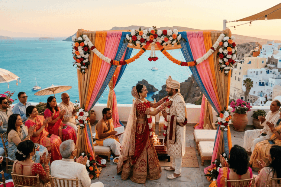 A beautiful Hindu wedding in Greece featuring a bride and groom exchanging floral garlands under a vibrant, flower-adorned mandap, with the iconic white-washed buildings and blue waters of Santorini in the background.