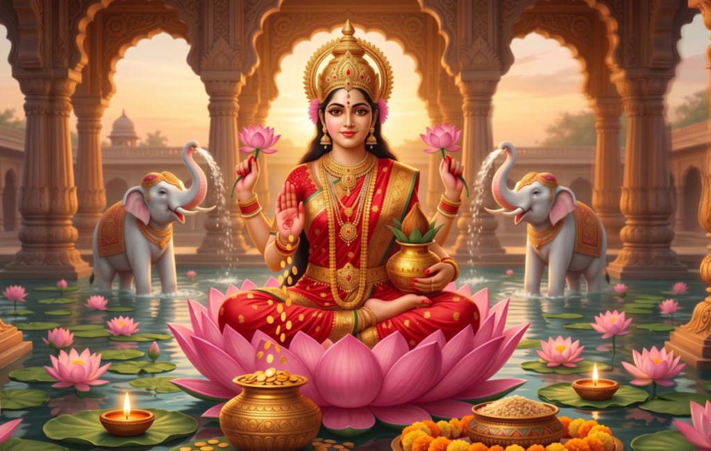 Goddess Lakshmi seated on a pink lotus, showering gold coins and flanked by white elephants pouring water
