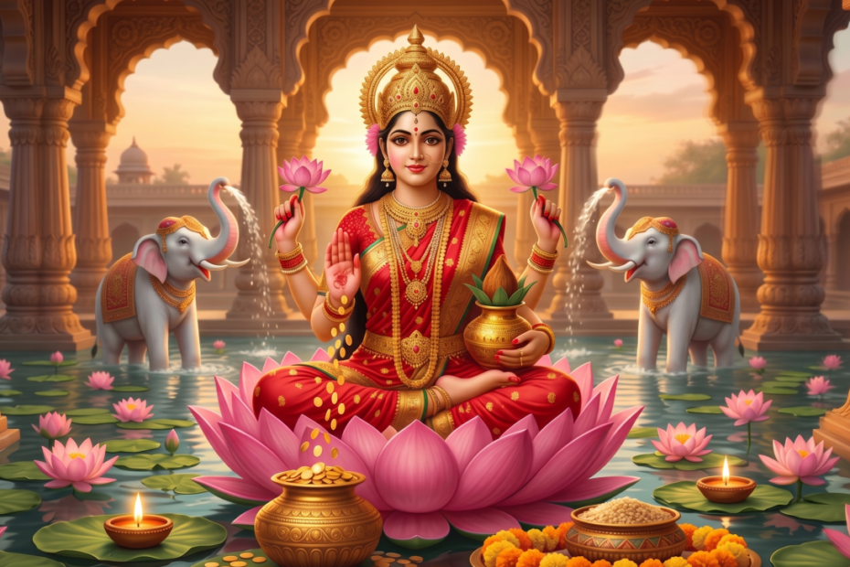Beautiful HD image of Goddess Lakshmi seated on a pink lotus flower, showering gold coins and flanked by white elephants pouring water, ideal for Laxmi Puja.