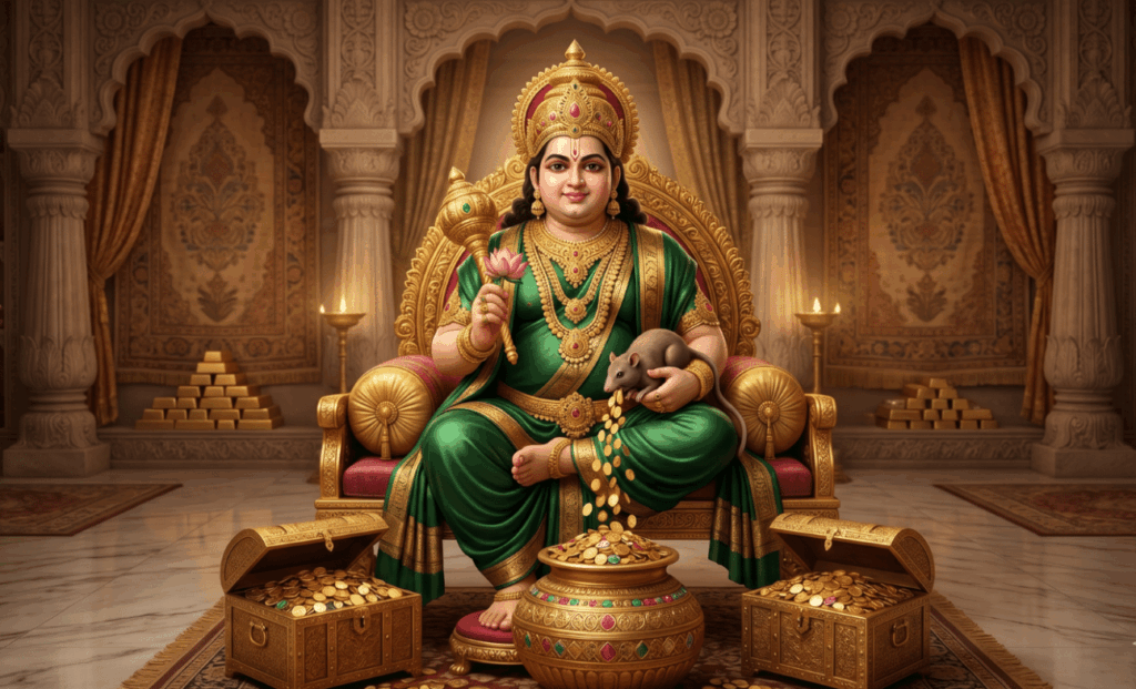 Lord Kubera sitting on an ornate golden throne surrounded by overflowing treasure chests, gold ingots, and a mongoose pouring gold coins, illustrating the divine abundance associated with the secrets of Kubera puja.