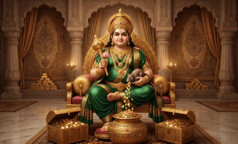 Kubera seated on a golden throne among open treasure chests and a pot of gold coins, a mongoose in his hand