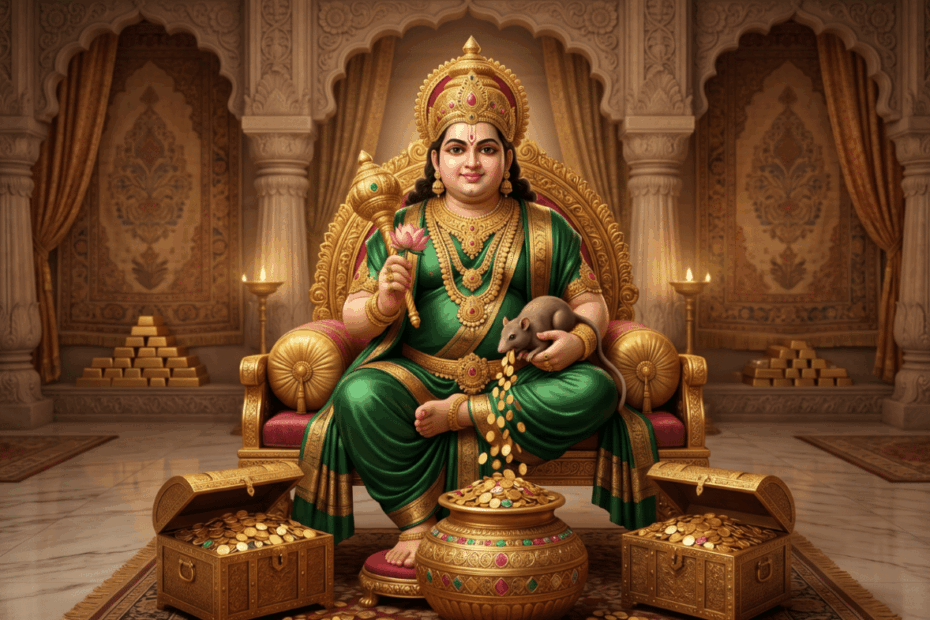 Lord Kubera sitting on an ornate golden throne surrounded by overflowing treasure chests, gold ingots, and a mongoose pouring gold coins, illustrating the divine abundance associated with the secrets of Kubera puja.