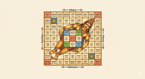 Vastu Purusha Mandala Puja sacred geometric diagram showing cosmic grid with 45 divine deities, central Brahmasthan energy zone, directional zones representing fire water air earth space, and Vastu Purusha cosmic figure lying across mandala for architectural harmony and prosperity.
