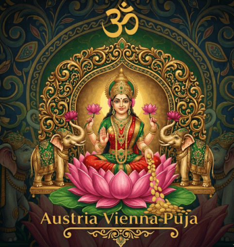 Logo for Austria Vienna Puja featuring Goddess Lakshmi seated on a pink lotus with two elephants, gold coins, and the Om symbol.