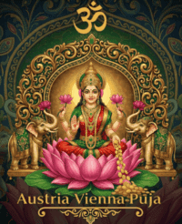 Logo for Austria Vienna Puja featuring Goddess Lakshmi seated on a pink lotus with two elephants, gold coins, and the Om symbol.