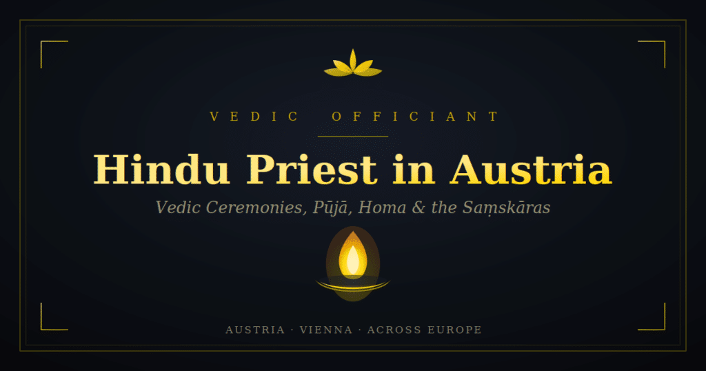 Hindu priest in Austria conducting Vedic ceremonies, with a sacred lamp and gold-on-dark Sanskrit lettering