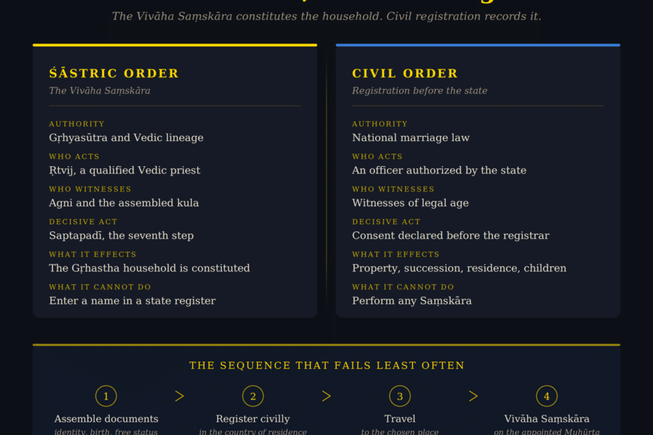 Diagram comparing the Sastric order of the Vivaha Samskara with the civil order of state registration in Europe
