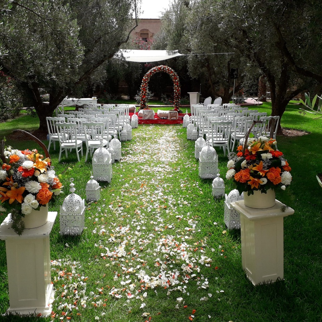 A Hindu wedding ceremony held in a garden setting in Morocco