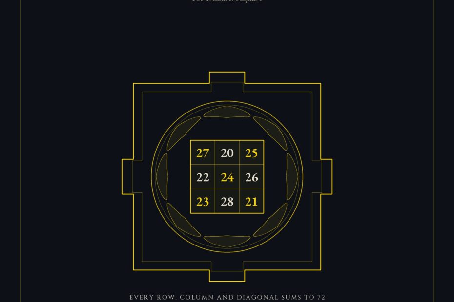 Alt: The Kubera Yantra, a three by three magic square within the bhupura and lotus, every line summing to 72