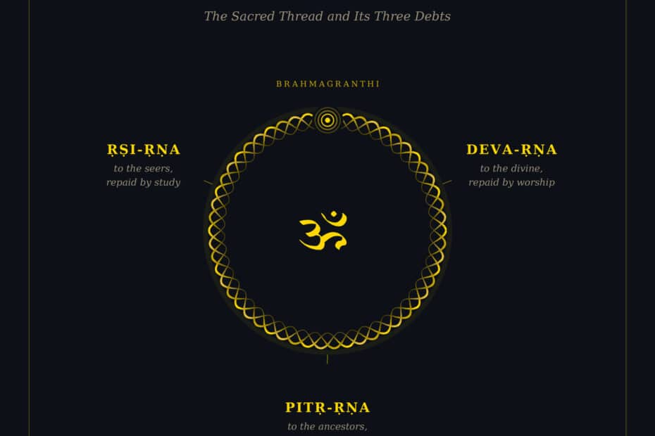 Upanayana sacred thread diagram showing the three strands of the Yajnopavita and the three debts they represent