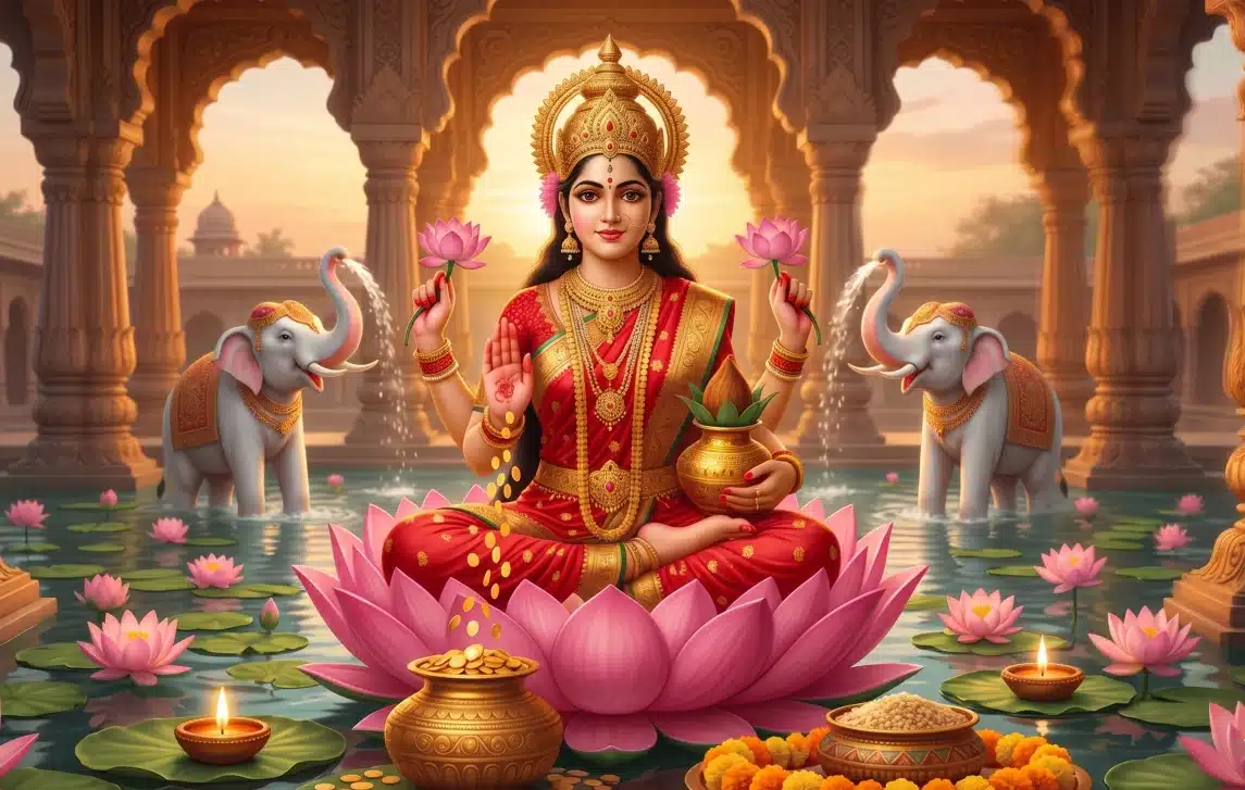 Gaja Laxmi seated upon a lotus with coins falling from her hand, flanked by white elephants pouring water over her