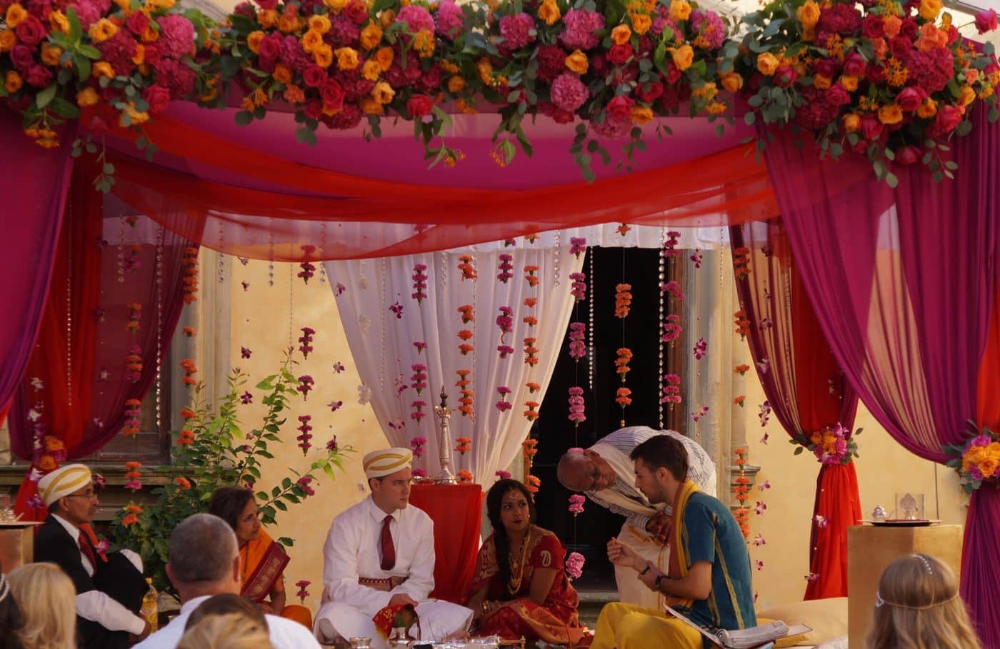 A Hindu wedding ceremony beneath the mandap at a villa in Italy