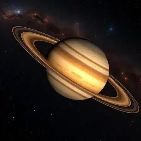 The planet Saturn with its rings lit against a dark starfield, Shani whose long transit gives rise to Shani dosha