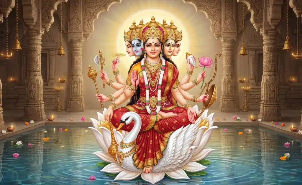 Gāyatrī Devī seated upon a lotus within a golden solar aura, the form meditated upon during the morning Sandhyā
