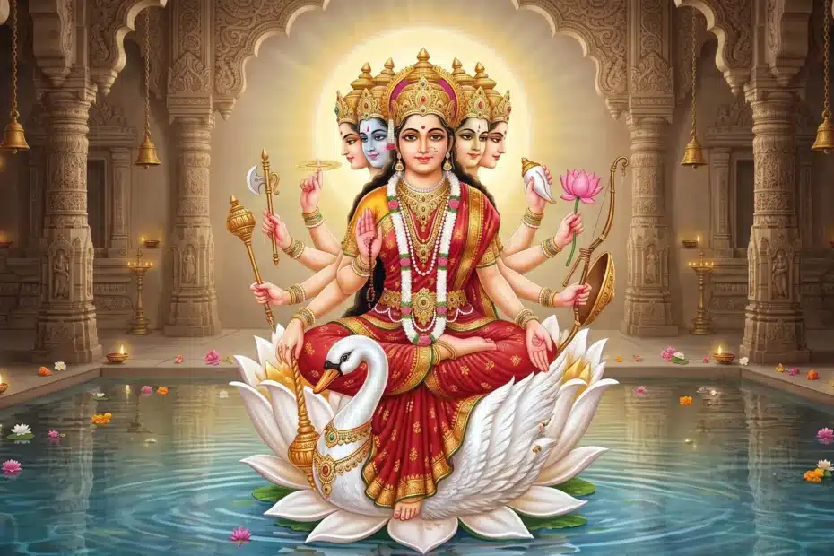 Gāyatrī Devī seated upon a lotus within a golden solar aura, the form meditated upon during the morning Sandhyā
