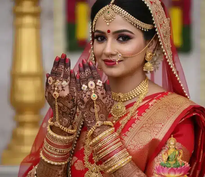 A Hindu bride in a red veil and gold jewelry, her raised hands decorated with mehndi