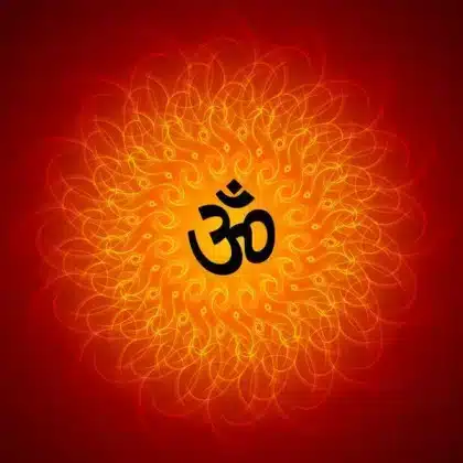 Sanatana Dharma way of life represented by a black Om symbol centered on a radiant red and orange spiritual mandala.